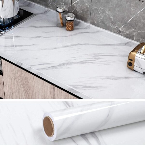 White Marble High Gloss urniture Film Self Adhesive Waterproof Wallpaper for Walls Cupboard Door, Almirah, Fridge, Tabletop, Floor DIY & Renovation Project : (60 cm * 2 M) - Image 9