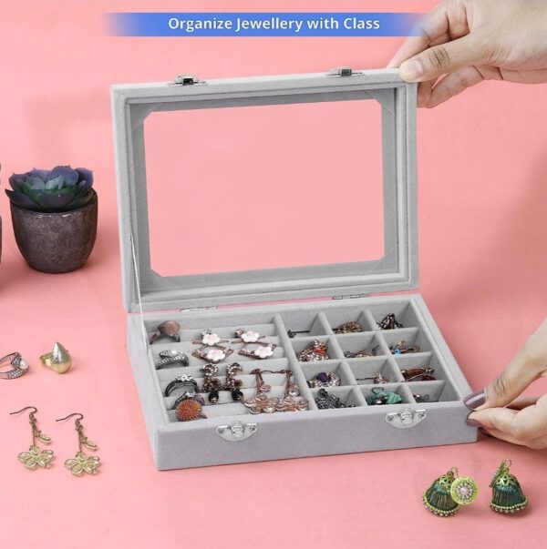 Jewellery Organiser Box Velvet Clear Lid Jewelry Organizer, Ring Earring Bracelets(Grey)...