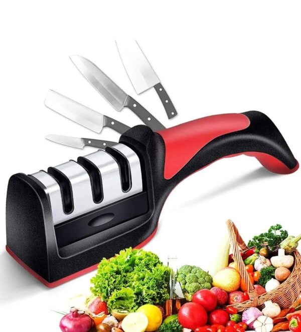 MANUAL RED KNIFE SHARPENER 3 STAGE SHARPENING TOOL FOR CERAMIC KNIFE AND STEEL KNIVES.