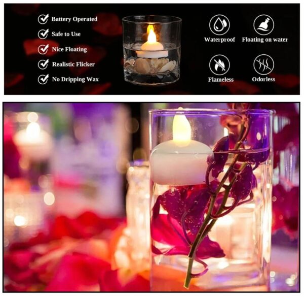 SET OF 06 FLAMELESS FLOATING CANDLES BATTERY OPERATED TEA LIGHTS TEALIGHT CANDLE - DECORATIVE, WEDDING.(DIYA , DIVO , DIVA , DEEPAK , JYOTI) - Image 3